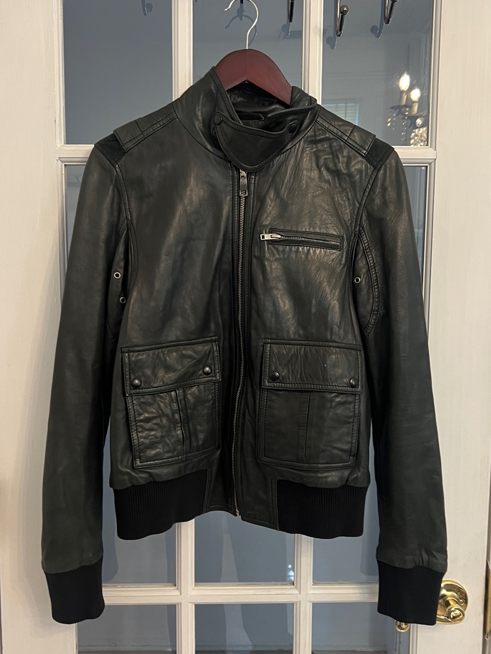 DIESEL Women's Vintage Black Leather Flap Pocket Ribbed Hem Bomber Jacket Size L
